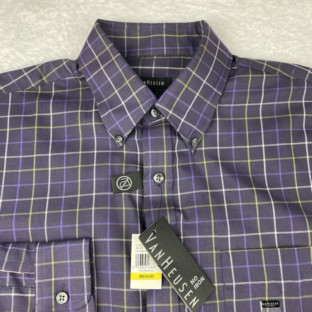 Van Heusen Dress Shirt Mens Medium Purple/Green/White Checks No Iron New w/Tags!